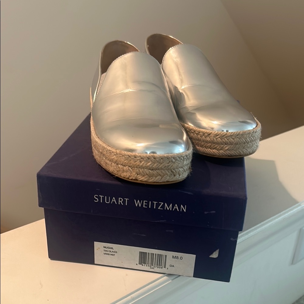 Stuart Weitzman Silver Espadrille Slip-Ons